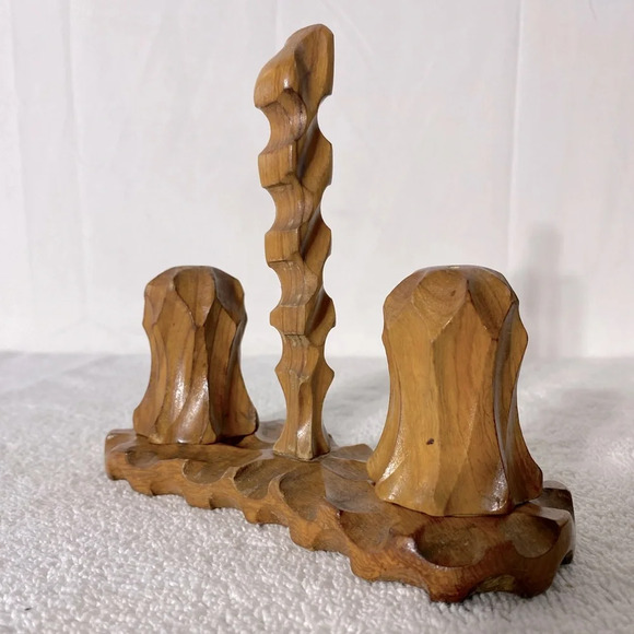 Vintage Hand Carved Wood Salt & Pepper Shakers With Carrier Stand - Picture 7 of 15